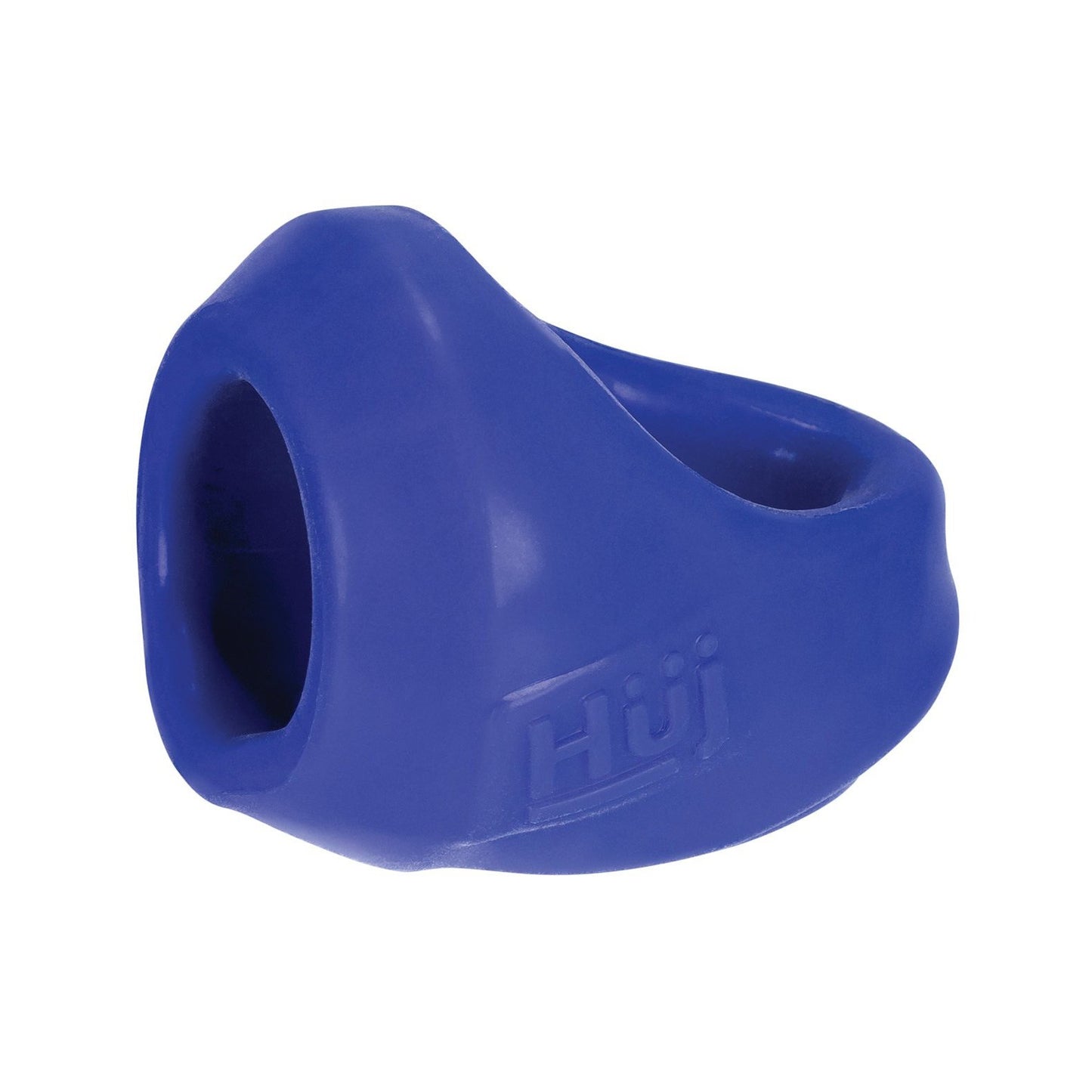 A blue, hollow, ergonomic Hunky Junk Clutch Cock & Ball Sling by Adams Toy Box, made from a plus+silicone TPR/silicone blend with Hüj embossed on its side.