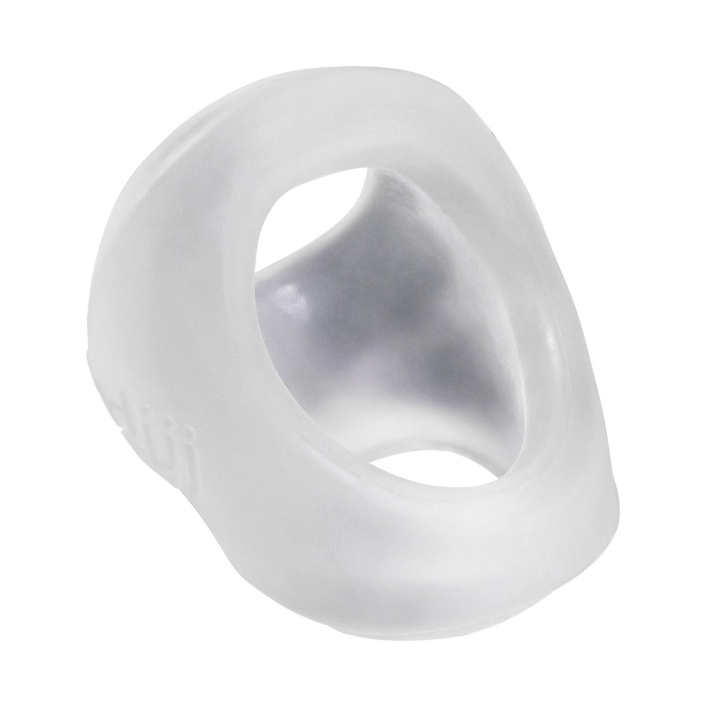 The Adams Toy Box Hunky Junk Clutch Cock & Ball Sling is a translucent white silicone accessory made from a plus+silicone TPR/silicone blend, featuring an ergonomic curved design with a hollow center for wrist support.