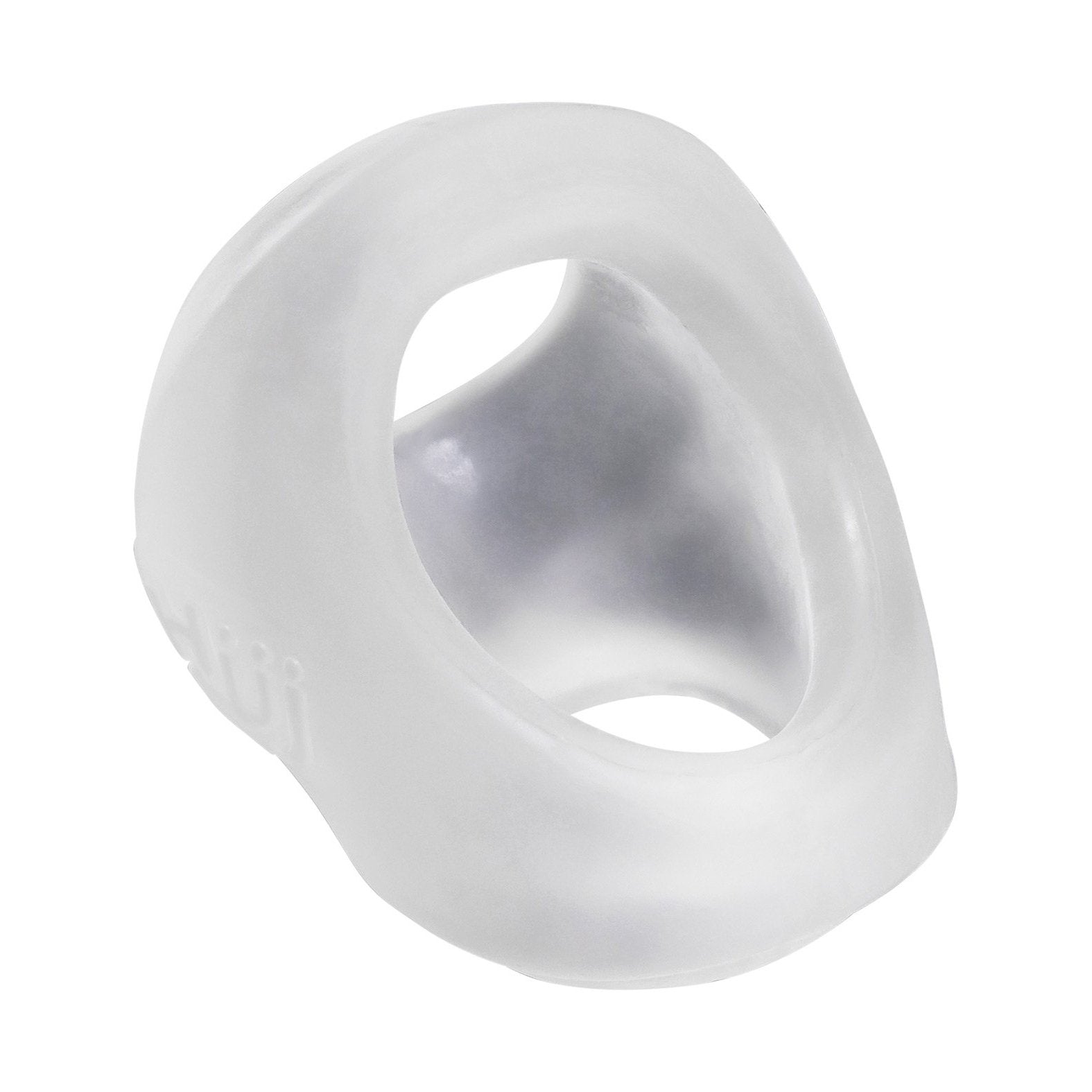 The Adams Toy Box Hunky Junk Clutch Cock & Ball Sling is a translucent white silicone accessory made from a plus+silicone TPR/silicone blend, featuring an ergonomic curved design with a hollow center for wrist support.