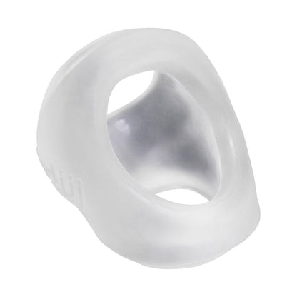 The Adams Toy Box Hunky Junk Clutch Cock & Ball Sling is a translucent white silicone accessory made from a plus+silicone TPR/silicone blend, featuring an ergonomic curved design with a hollow center for wrist support.