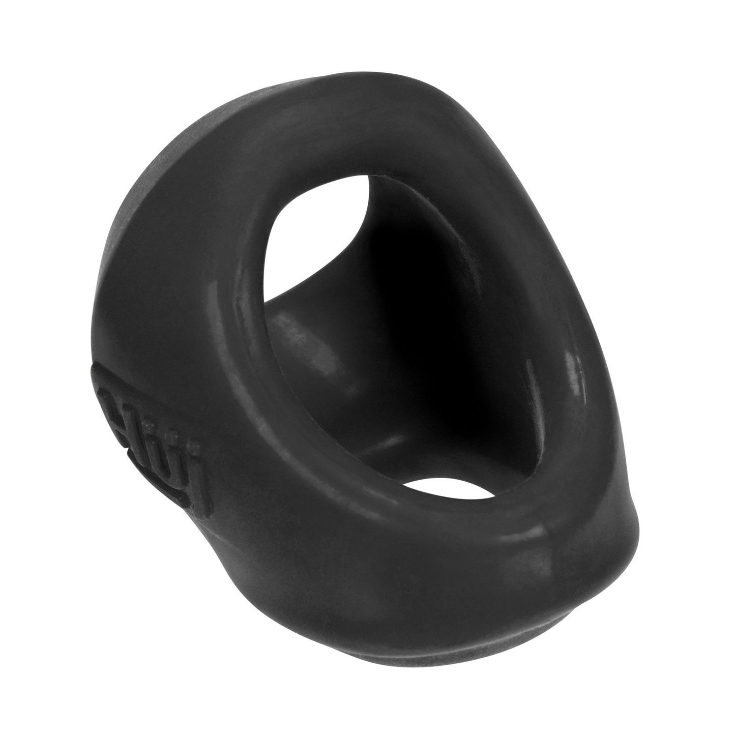 The Hunky Junk Clutch Cock & Ball Sling by Adams Toy Box is a black rubber ring with an ergonomic design, featuring two openings and textured edges, made from a premium TPR/silicone blend for enhanced comfort.