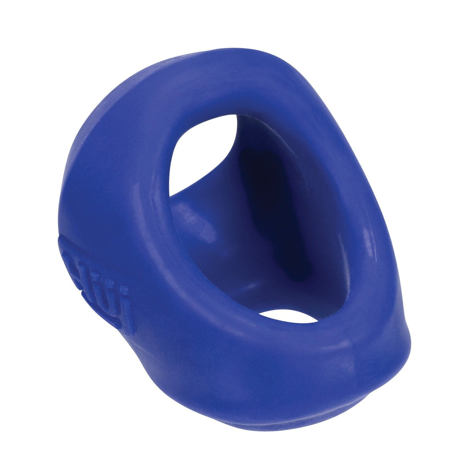 The Hunky Junk Clutch Cock & Ball Sling by Adams Toy Box is a blue, rubber-like device made from a plus+silicone TPR/silicone blend. It has an oval shape with an open center, textured surface, and embossed logo.