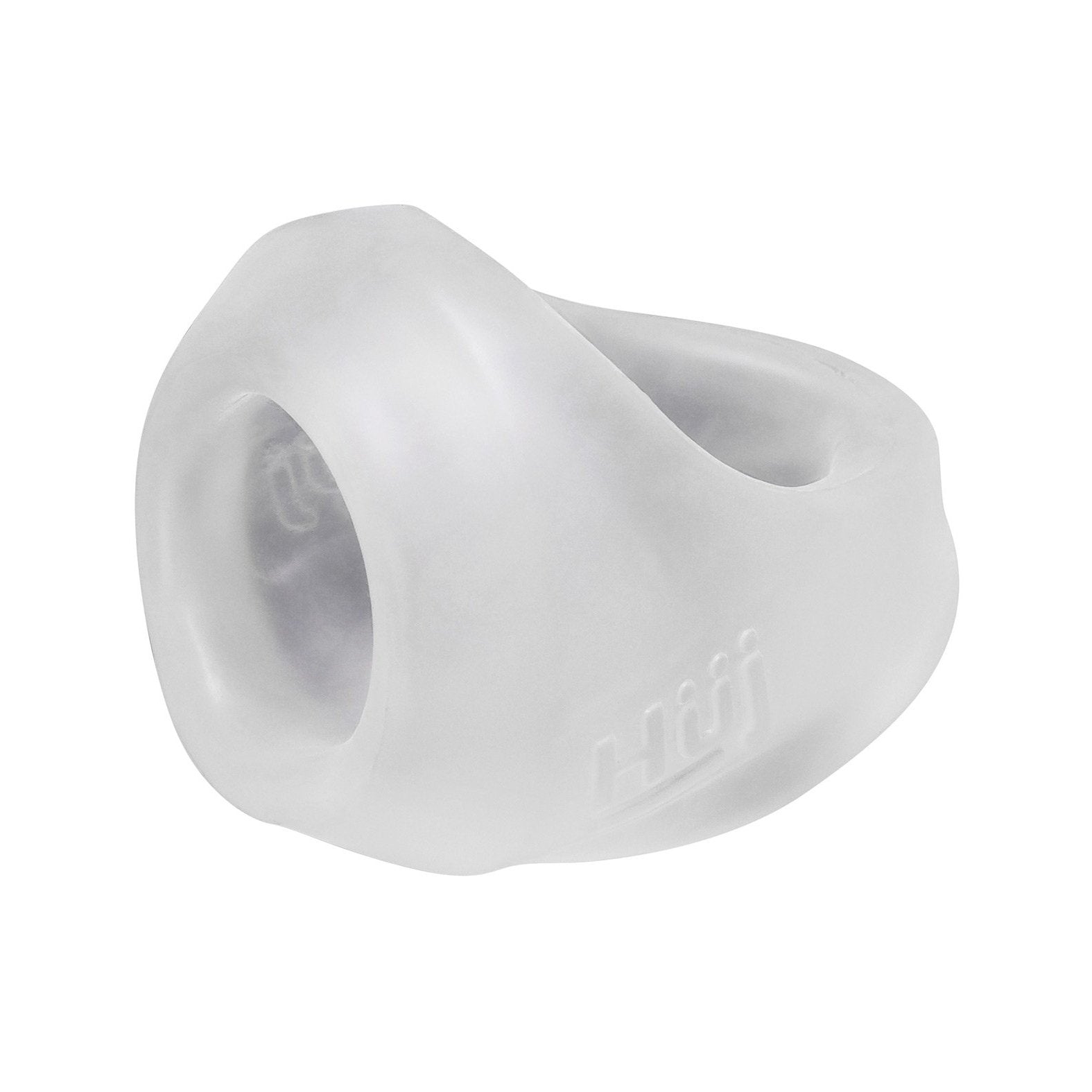 The Hunky Junk Clutch Cock & Ball Sling by Adams Toy Box is a translucent, sleek white silicone ring with hjj embossed on its side, featuring a smooth finish and slightly raised design. Made from plus+silicone TPR/silicone blend, it has a wide band and minimalist look against a plain background.