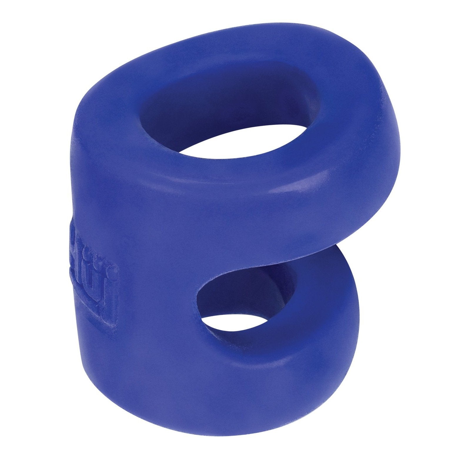 The Hunky Junk Connect Cock Ring w/Balltugger by Hunky Junk is a blue rubber toy with a unique abstract loop shape. Crafted from durable plus+silicone, it features smooth surfaces ideal for chewing, offering mental stimulation and dental benefits for dogs.
