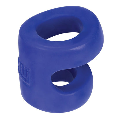 The Hunky Junk Connect Cock Ring w/Balltugger by Hunky Junk is a blue rubber toy with a unique abstract loop shape. Crafted from durable plus+silicone, it features smooth surfaces ideal for chewing, offering mental stimulation and dental benefits for dogs.