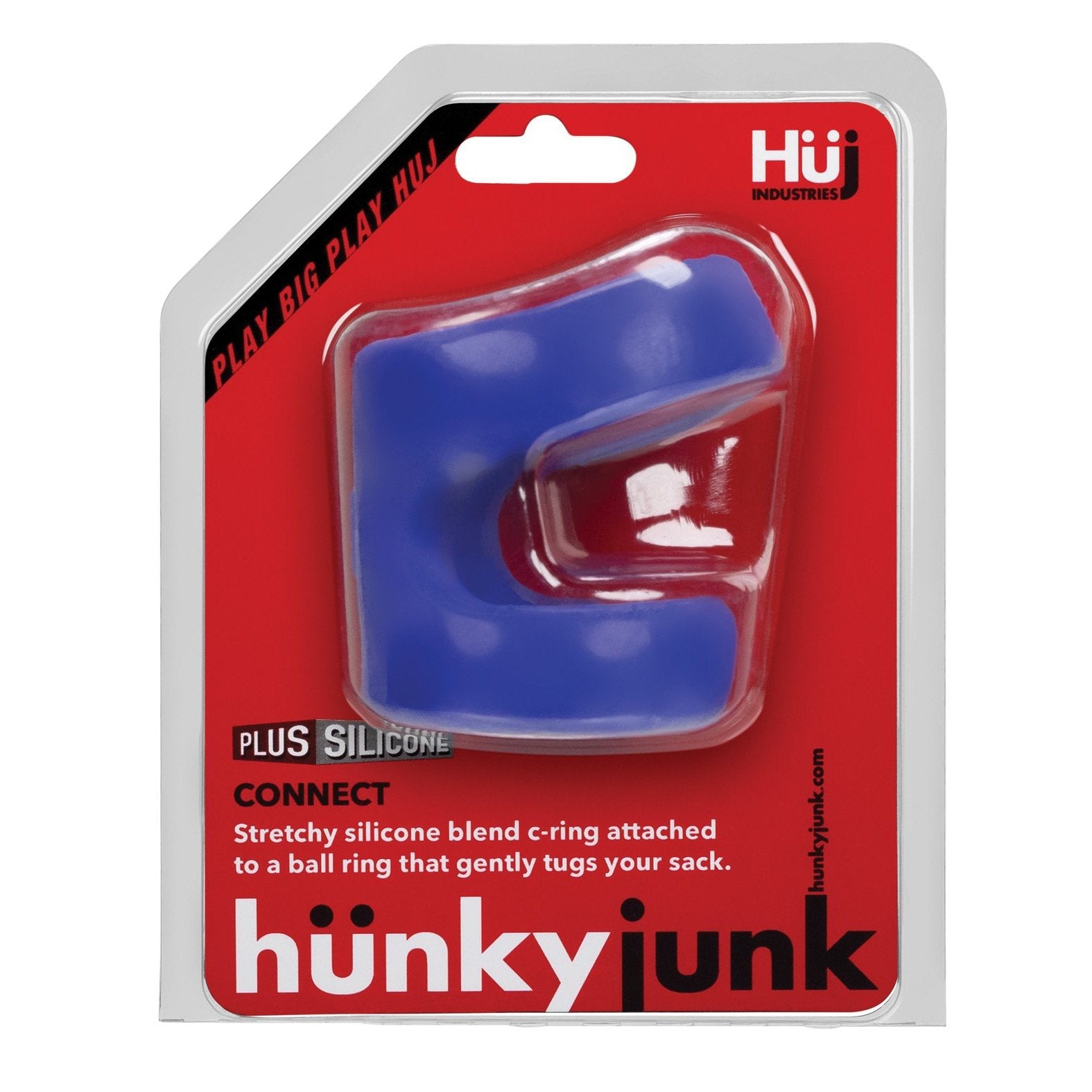 Hunkyjunks blue silicone CONNECT ring packaging highlights its stretchy plus+silicone blend, featuring a c-ring attached to a ball tugger. The red and black design includes branding and product details for the Hunky Junk Connect Cock Ring w/Balltugger.