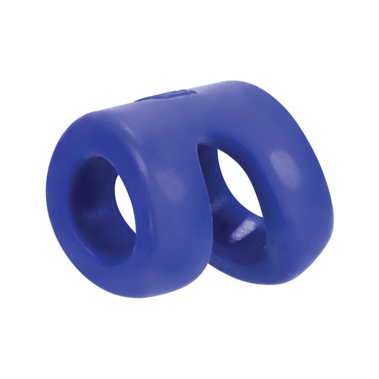 The Hunky Junk Connect Cock Ring with Balltugger by Hunky Junk is a blue rubber ring featuring two loops for ergonomic grip, now upgraded with plus+silicone for increased flexibility.