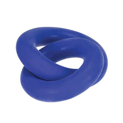 The Hunky Junk Duo Linked Cock & Ball Rings by Adams Toy Box is a blue, rubbery stress toy made from a TPR/silicone blend. It features a smooth surface and an interconnected C-ring design that forms an abstract figure-eight.