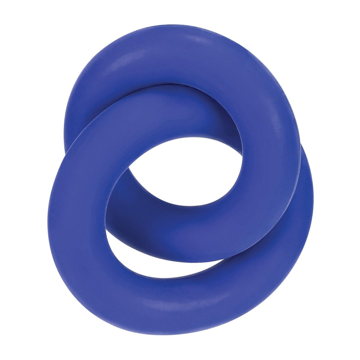 Two intertwined blue, smooth, shiny Hunky Junk Duo Linked Cock & Ball Rings by Adams Toy Box, crafted from a TPR/silicone blend, form a seamless loop against a plain white background.