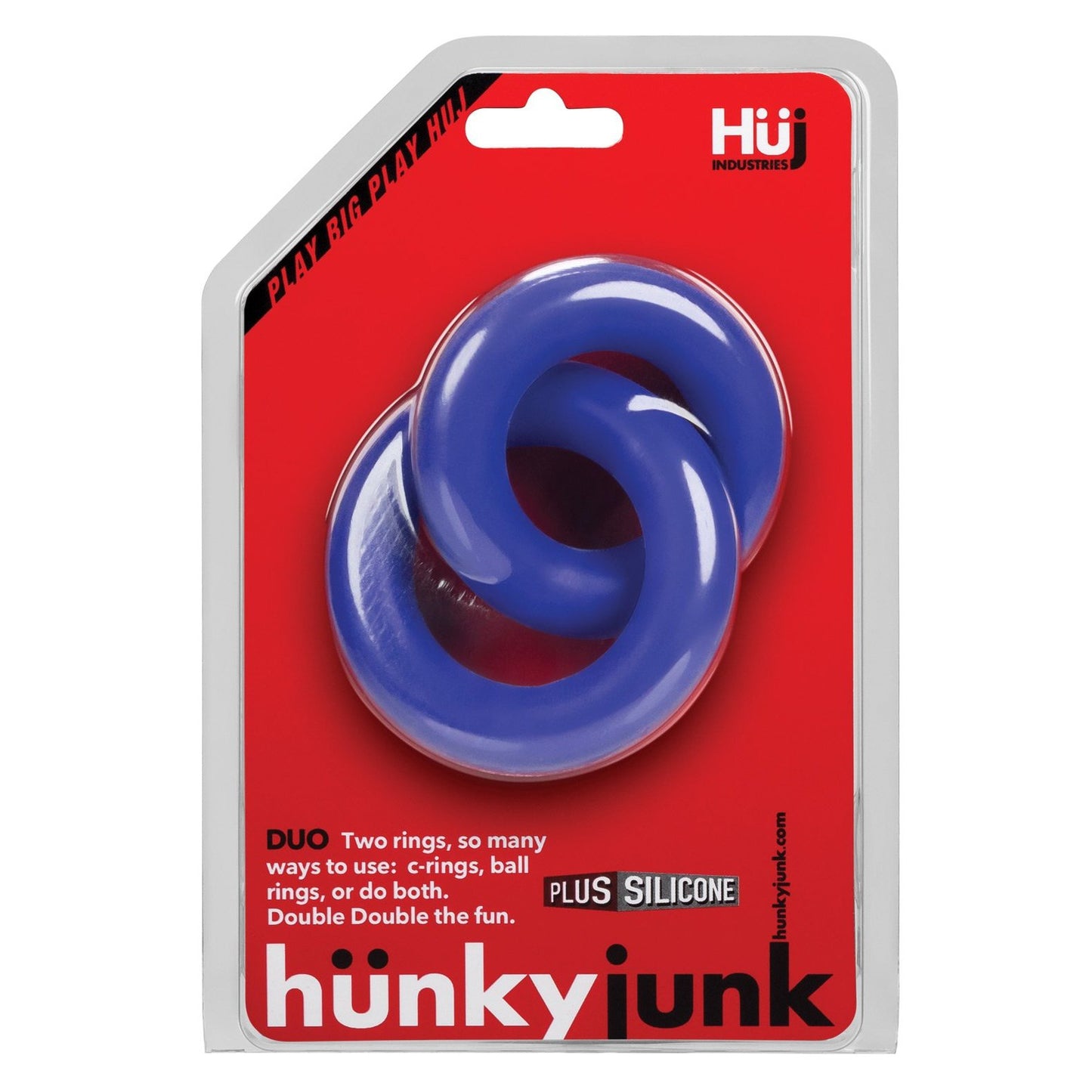 The packaging of Hunky Junk Duo Linked Cock & Ball Rings from Adams Toy Box showcases the innovative C-ring design with two linked blue silicone rings made from a TPR/silicone blend. Against a red and black backdrop, white text highlights their versatile use as crings, ball rings, or both, with the tagline Double Double the fun.