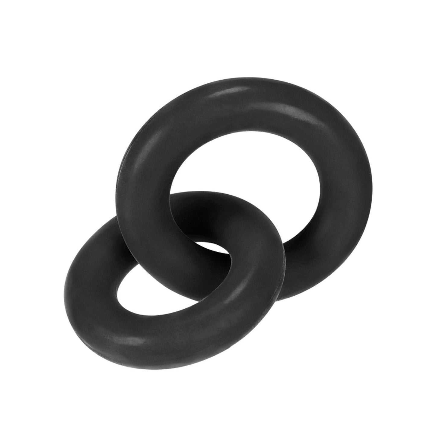 Two black interlocking rings from a TPR/silicone blend by Adams Toy Box are placed diagonally on a white background. The C-ring design ensures smoothness and symmetry, with one ring larger, perfectly showcasing the Hunky Junk Duo Linked Cock & Ball Rings balance.