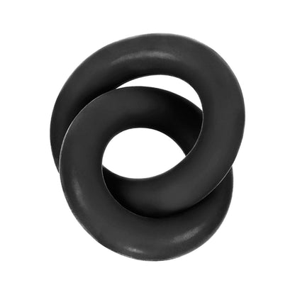 A black Mobius strip, akin to a sleek C-ring design, forms a seamless loop creating a 3D knot illusion on white, much like Adams Toy Boxs Hunky Junk Duo Linked Cock & Ball Rings.