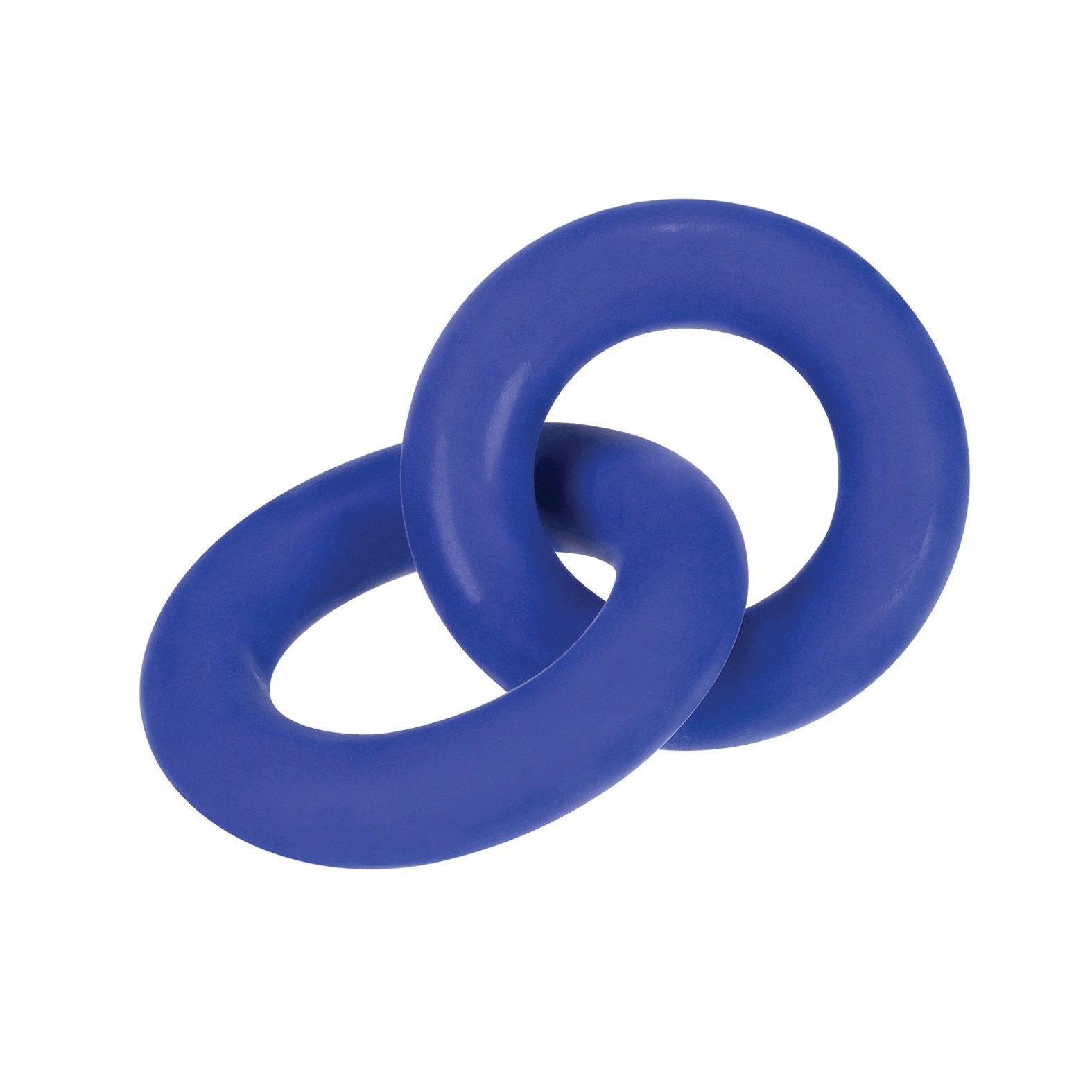 The Hunky Junk Duo Linked Cock & Ball Rings by Adams Toy Box are two blue interlocking C-ring designs made from a TPR/silicone blend, displayed on a white background.