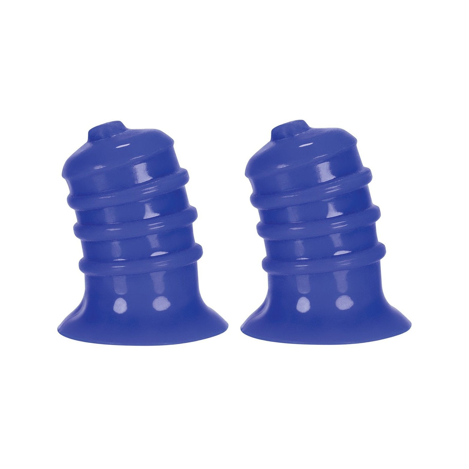 A pair of blue silicone Hunky Junk Elong Nipsuckers, featuring a ribbed design, are used as stabilizers for furniture or electronics, isolated on a white background.