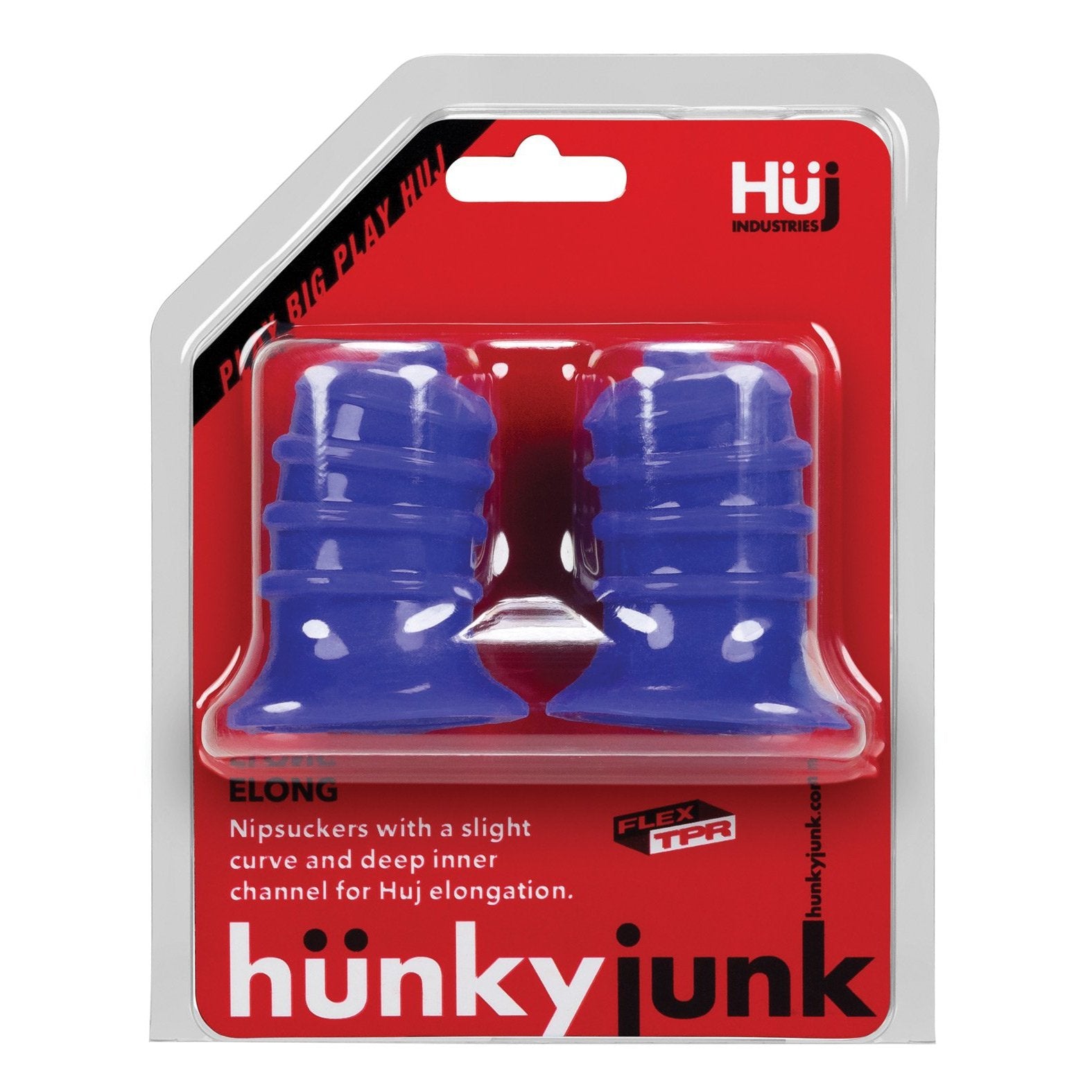 The Hunky Junk Elong Nipsuckers package highlights nipple pleasure with two blue cylindrical items designed for elongation and sucking. The red and black packaging underscores the brands dedication to flexibility and play.