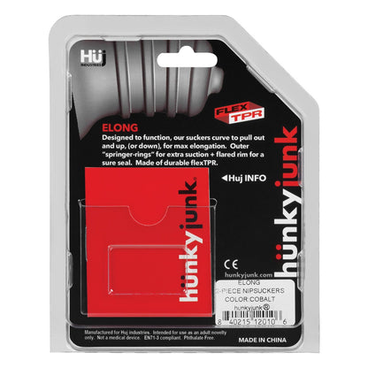 Packaging for the cobalt Hunky Junk Elong Nipsuckers, designed for enhanced nipple pleasure with increased suction and a secure seal, showcases a visible red product sample and Hunky Junk branding. Made from FLEXX TPR material.