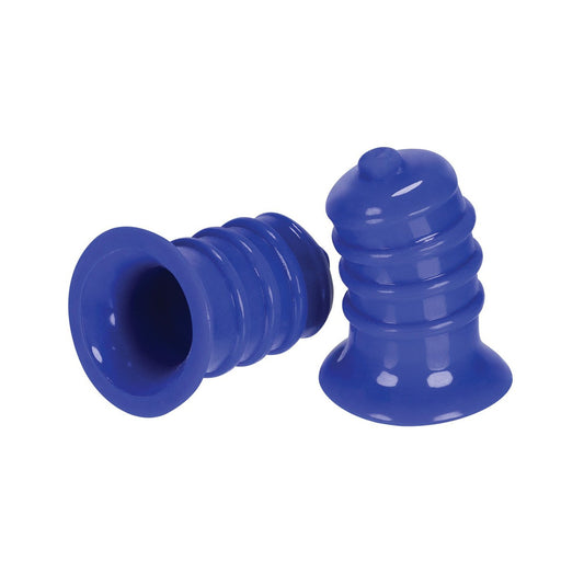 The blue silicone Hunky Junk Elong Nipsuckers feature a ribbed design and flared edges for a snug fit. One is upright, the other on its side, showcasing the thoughtful craftsmanship for optimal experience and pleasure by Hunky Junk.