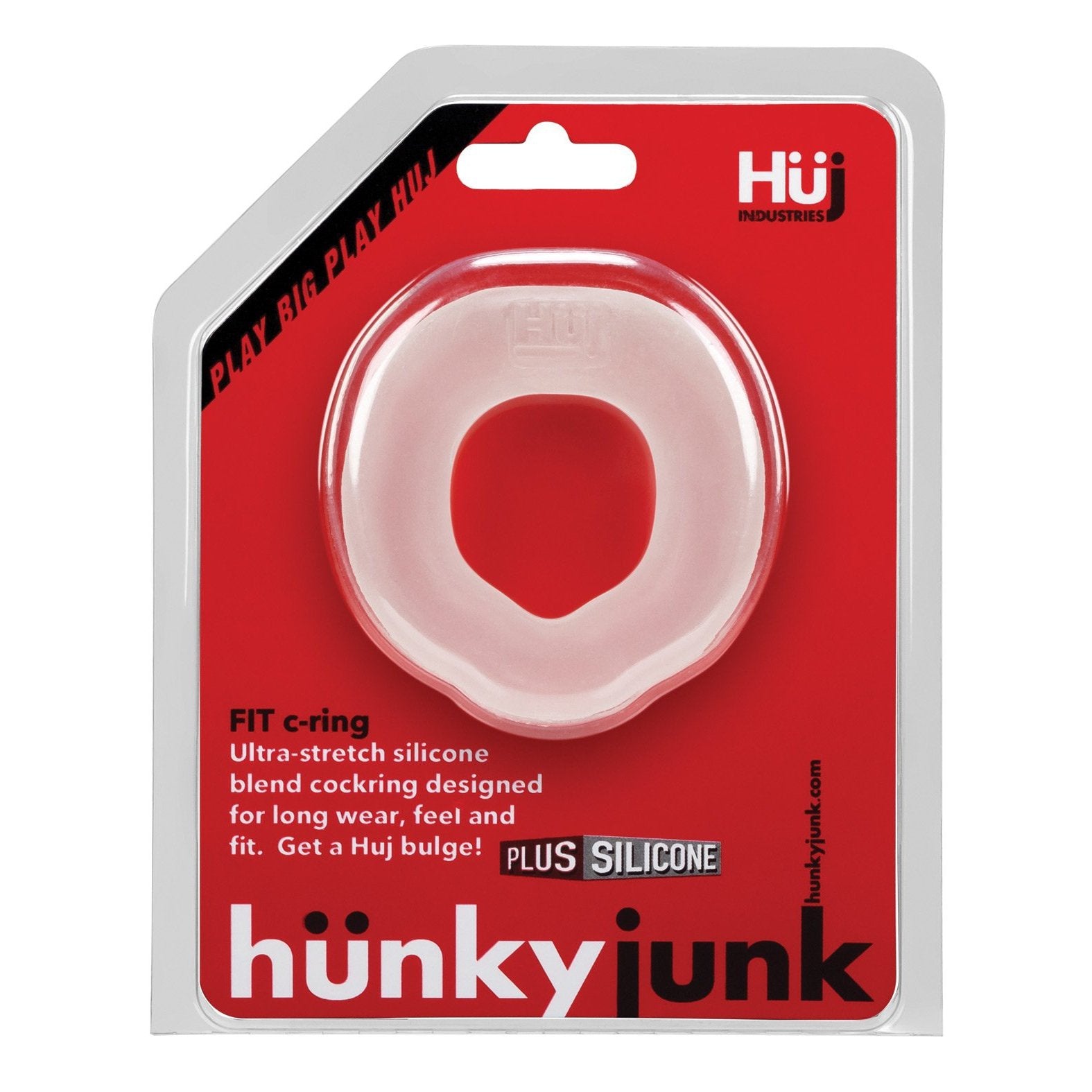 The Hunky Junk Fit Ergo C Rings packaging features a sleek red and white design that highlights its ergonomic shape and innovative plus+silicone blend, with details about its superior material and comfortable fit.