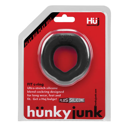 The Hunky Junk Fit Ergo C Ring package features a black plus+silicone ring designed for superior comfort. The red and black label emphasizes its benefits like ultra-stretch silicone and promises enhancement.