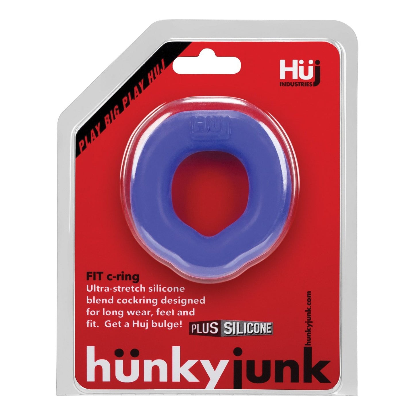 The Hunky Junk Fit Ergo C Ring is packaged with red and black cardboard backing, featuring the text FIT Ergo c-ring. Its designed for long wear, feel and fit due to its innovative plus+silicone material.