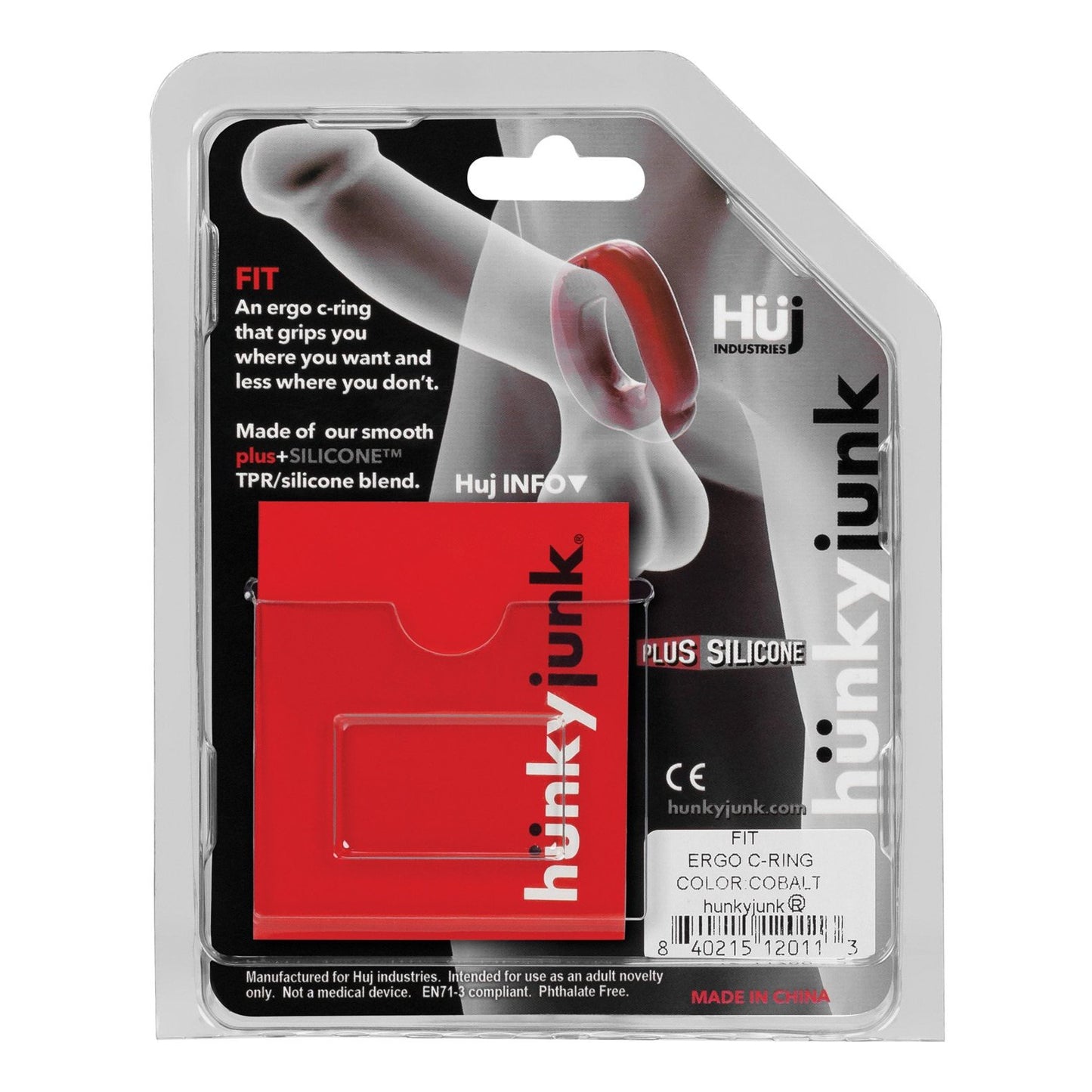 The packaging for the Hunky Junk Fit Ergo C Ring includes a red box with product info and a transparent front displaying the ring.
