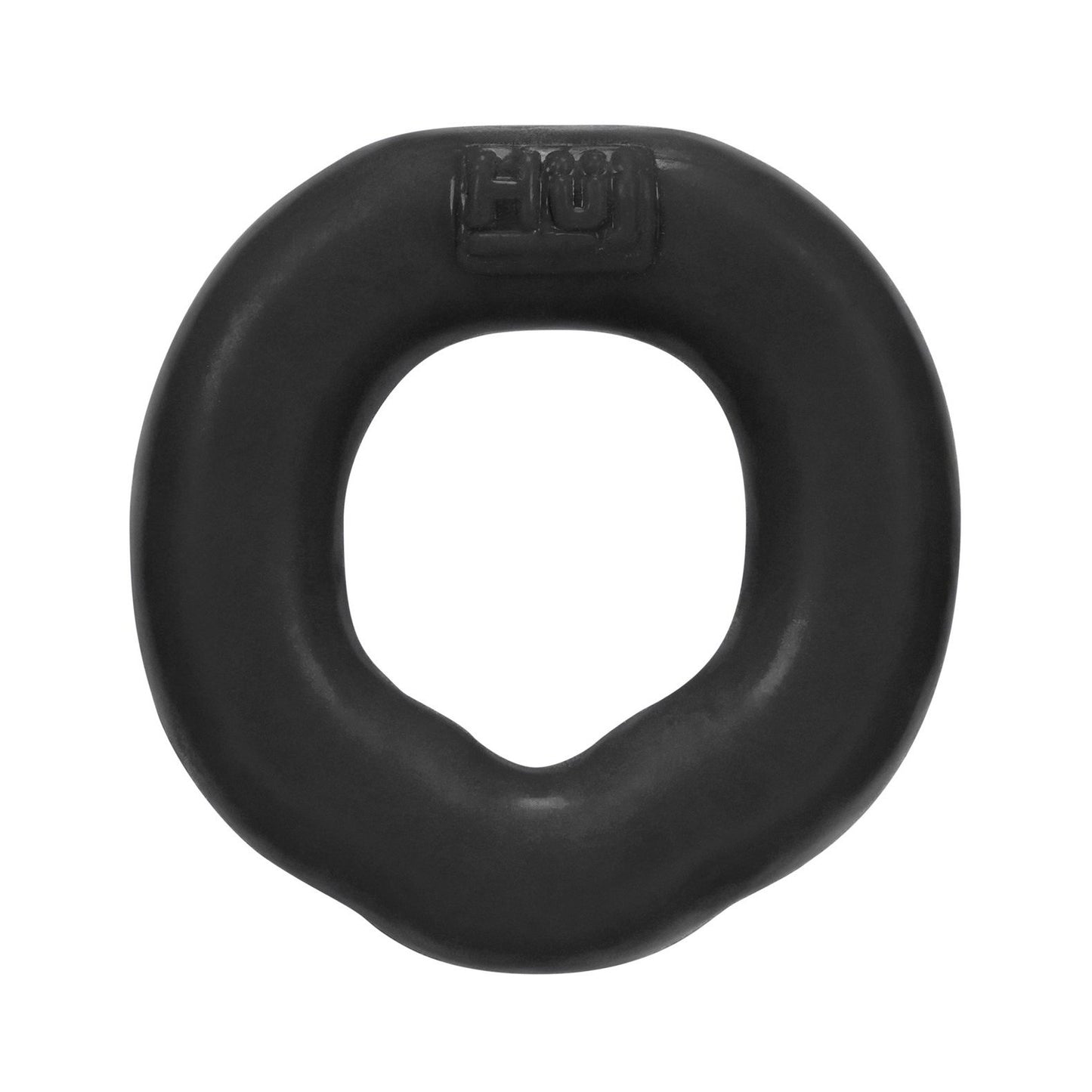 The Hunky Junk Fit Ergo C Ring by Hunky Junk is a black, donut-shaped weight with a smooth, glossy Plus+Silicone finish and a small embossed logo on top.