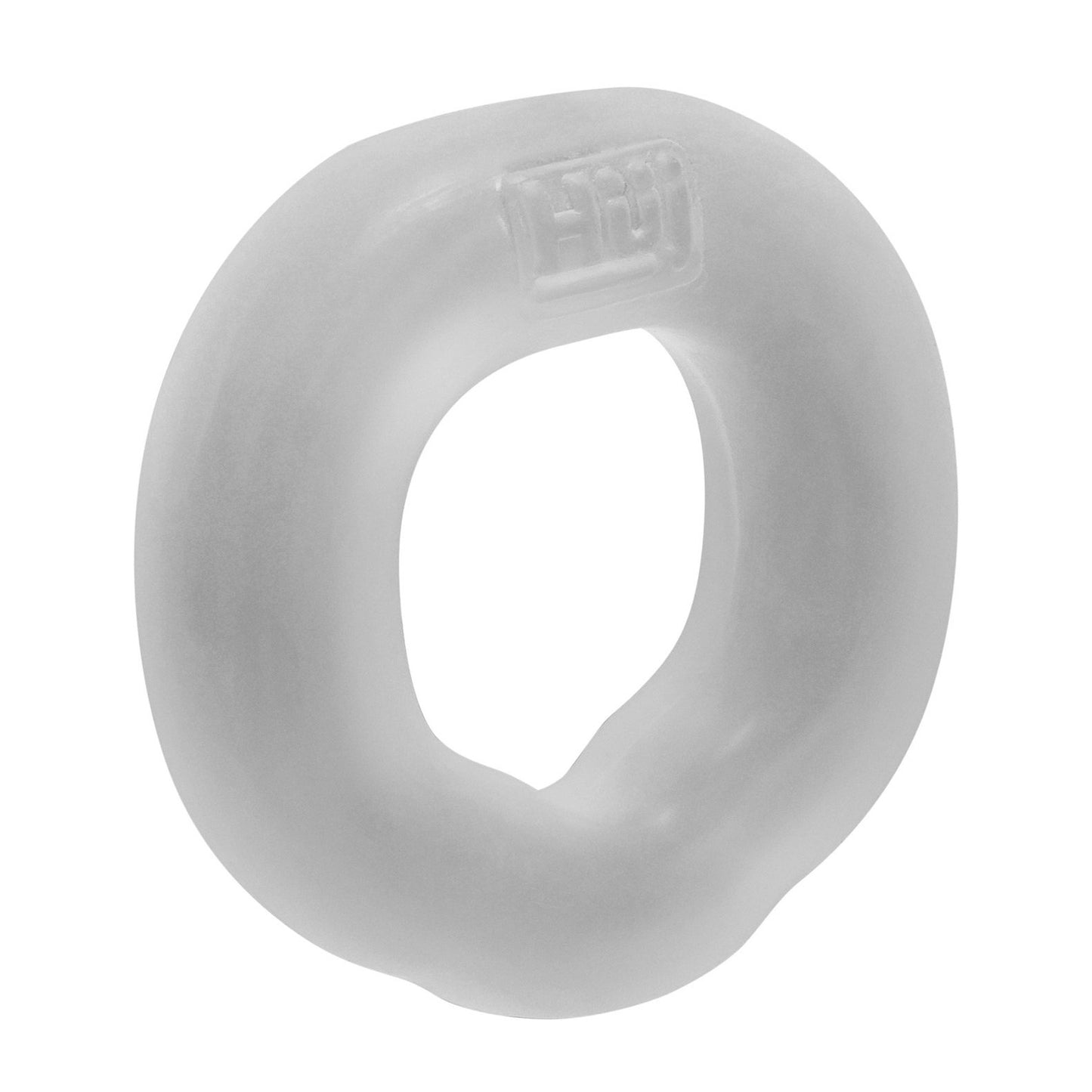 The Hunky Junk Fit Ergo C Ring by Hunky Junk is a clear, oval-shaped cock ring made from plus+silicone, featuring a slightly irregular shape and textured surface. Lightweight and flexible, it is suitable for diverse applications with a small logo embossed on one side.