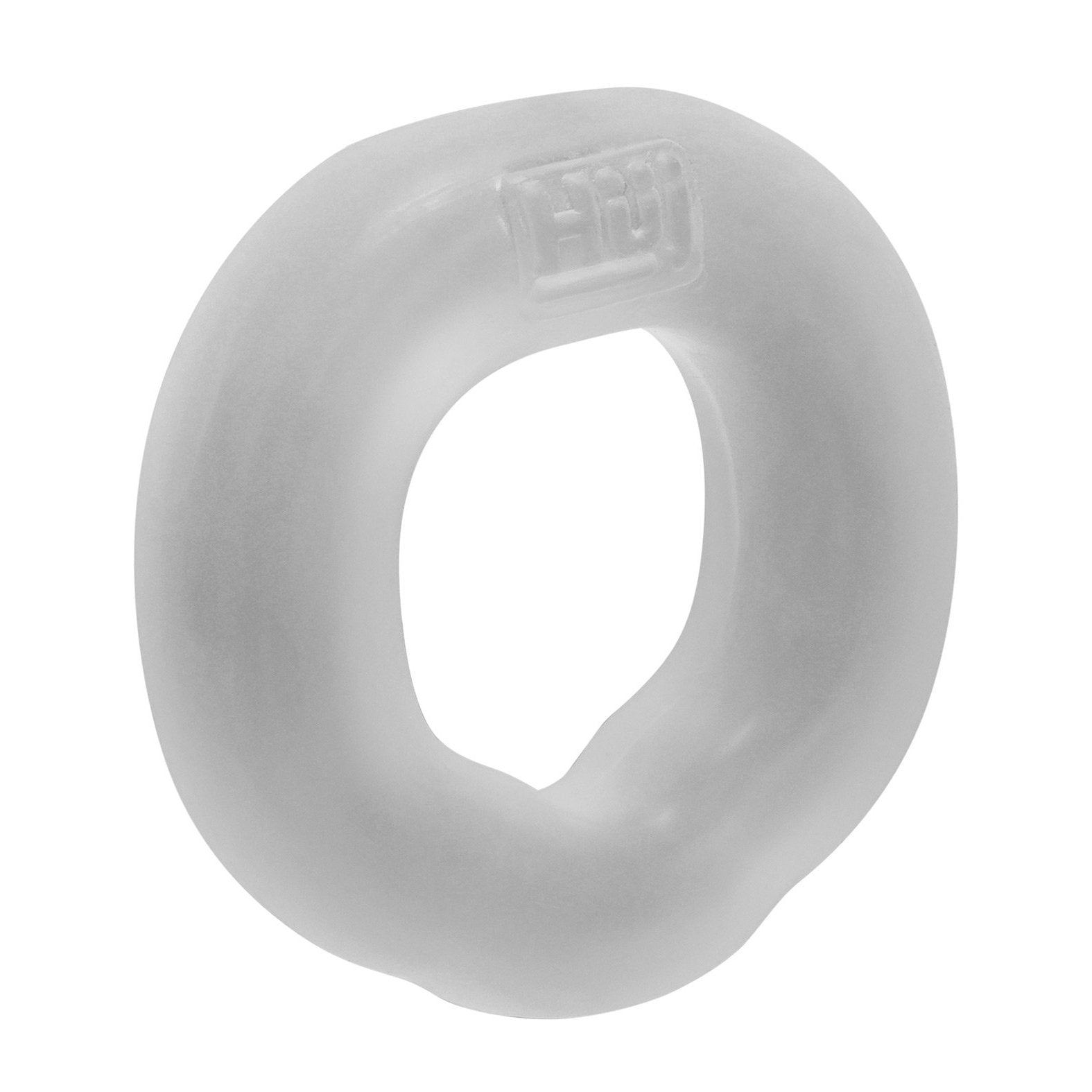 The Hunky Junk Fit Ergo C Ring by Hunky Junk is a clear, oval-shaped cock ring made from plus+silicone, featuring a slightly irregular shape and textured surface. Lightweight and flexible, it is suitable for diverse applications with a small logo embossed on one side.