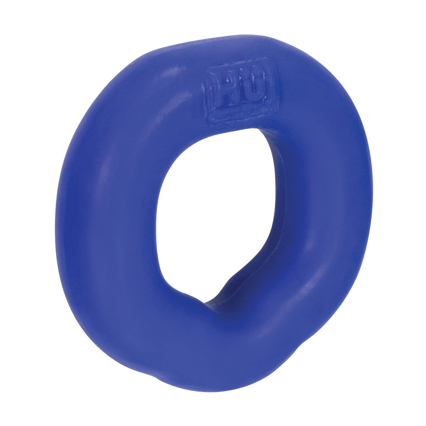 The Hunky Junk Fit Ergo C Ring, made by Hunky Junk from premium plus+silicone in blue, has a slightly irregular shape with an embossed PD logo and is shown on a plain white background. Perfect as a cock ring.