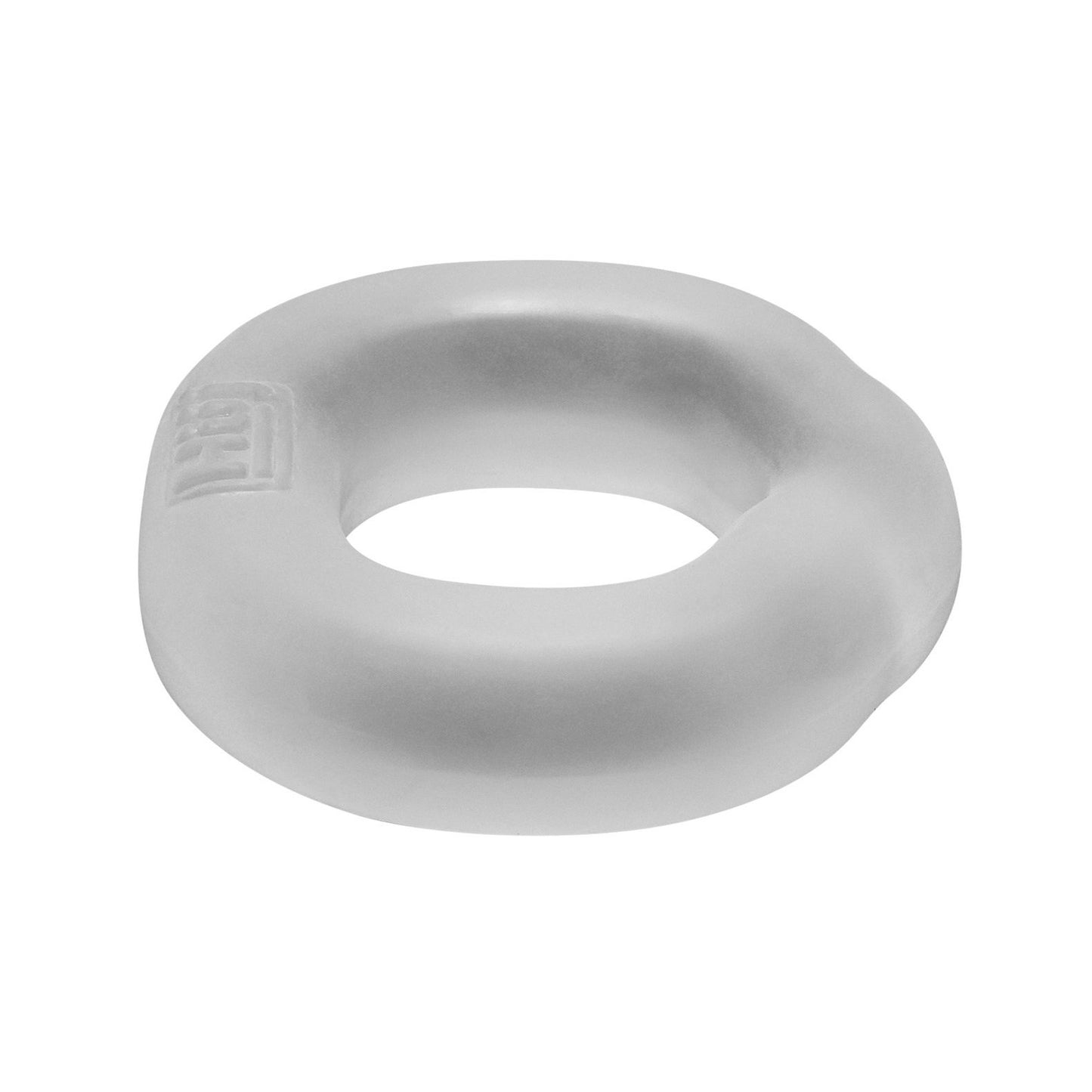 A transparent, donut-shaped object resembling the Hunky Junk Fit Ergo C Ring, is prominently displayed against a white background, highlighting Hunky Junks design principles.