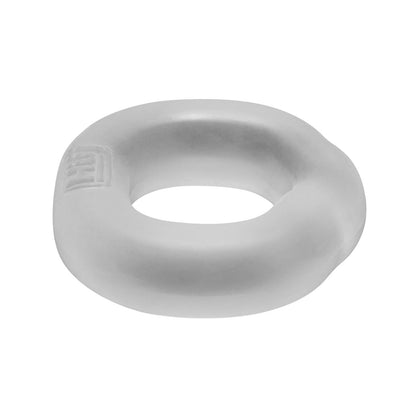 A transparent, donut-shaped object resembling the Hunky Junk Fit Ergo C Ring, is prominently displayed against a white background, highlighting Hunky Junks design principles.