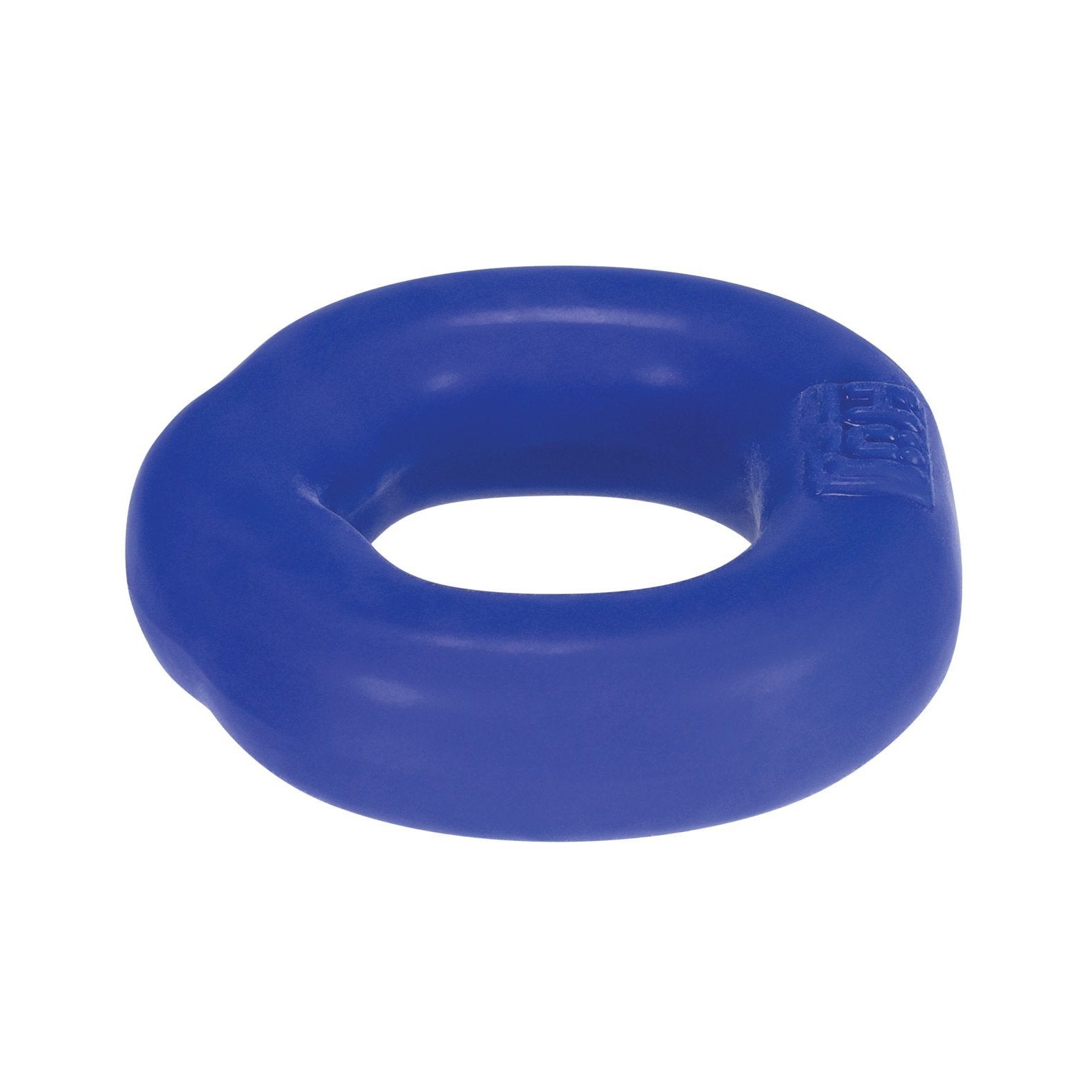 A blue Hunky Junk Fit Ergo C Ring, made from smooth plus+silicone, is displayed against a white background with a slight imprint on one side.