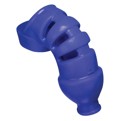 The Hunky Junk Lockdown Chastity by Adams Toy Box features a blue, twisty design using Plus+Silicone blend with openings along its curved body, making it ideal for hiding treats and challenging dogs during playtime.