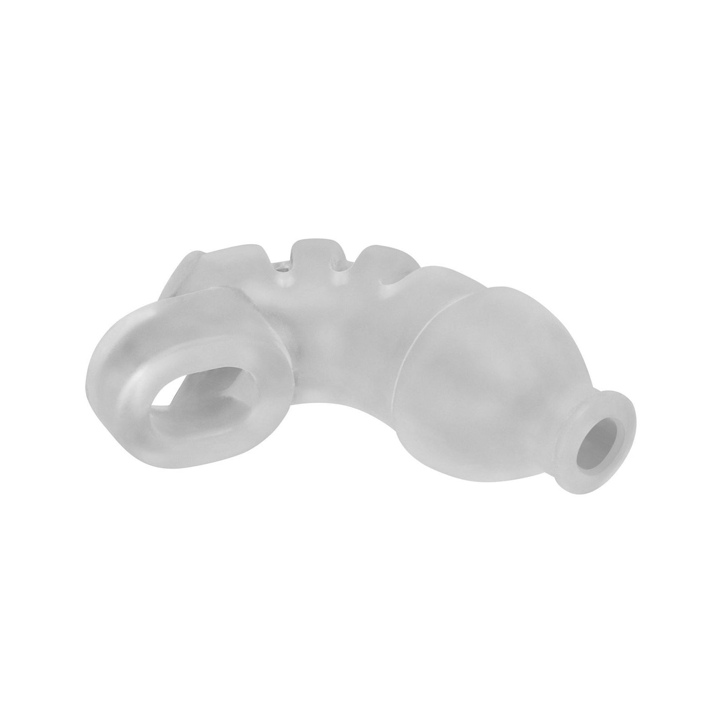 The Hunky Junk Lockdown Chastity by Adams Toy Box is a transparent frosted plastic object with an abstract, curving design in a plus+silicone blend, featuring a rounded loop, segmented sections, and a conical tip.