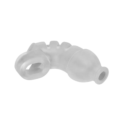 The Hunky Junk Lockdown Chastity by Adams Toy Box is a transparent frosted plastic object with an abstract, curving design in a plus+silicone blend, featuring a rounded loop, segmented sections, and a conical tip.