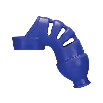 The Hunky Junk Lockdown Chastity by Adams Toy Box is a blue ergonomic plastic device with a curved, segmented design and open slots. Made from a plus+silicone blend, it provides flexibility and grip enhancement for fitness purposes, resembling a handle or attachment.