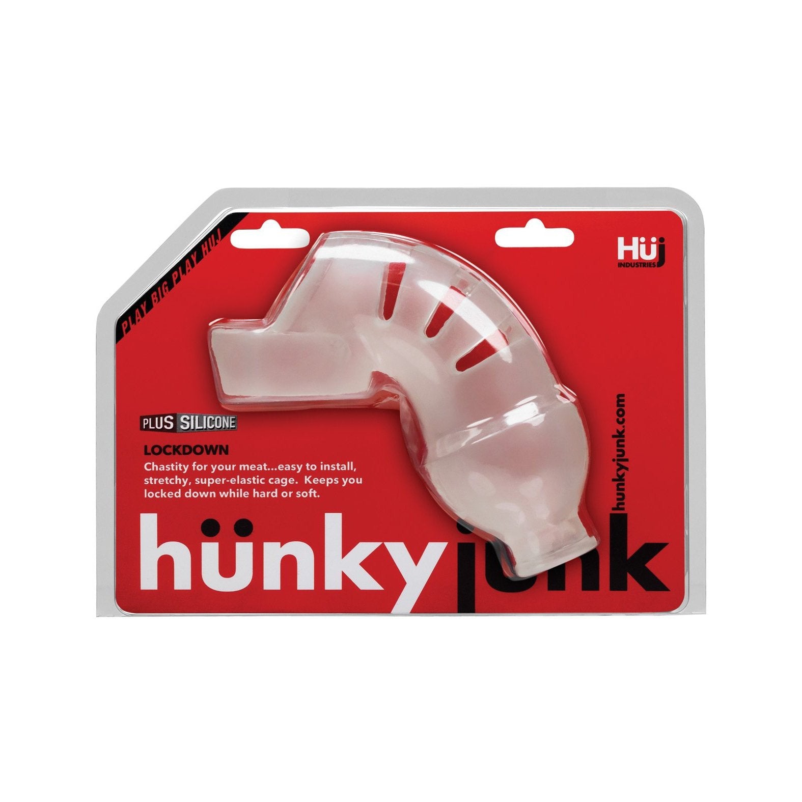 Adams Toy Box presents the Hunky Junk Lockdown Chastity device, packaged with a red background and white text. The clear plastic case reveals a comfort-focused plus+silicone blend cage, offering a secure and premium lockdown fit.