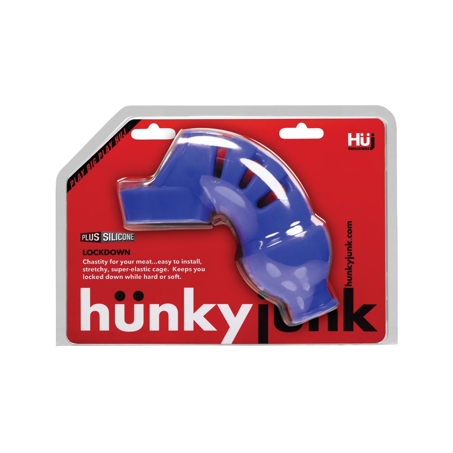 The Adams Toy Box Hunky Junk Lockdown Chastity comes in bold red packaging with a clear window showcasing the blue, curved device. Made from plus+silicone blend, this stretchy chastity cage is designed for easy use by men.