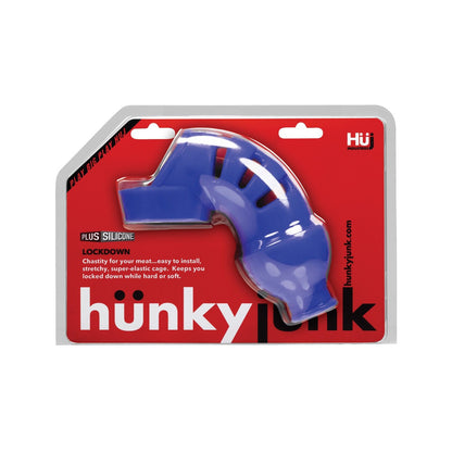 The Adams Toy Box Hunky Junk Lockdown Chastity comes in bold red packaging with a clear window showcasing the blue, curved device. Made from plus+silicone blend, this stretchy chastity cage is designed for easy use by men.