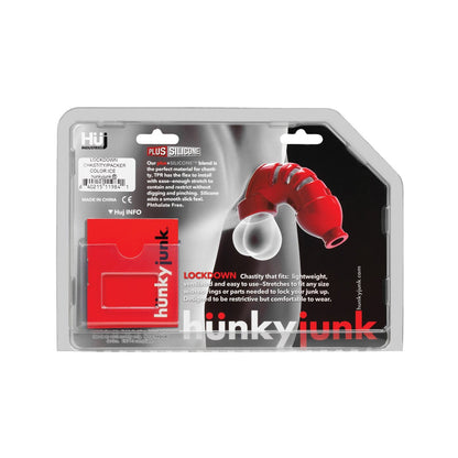 The red Hunky Junk Lockdown Chastity device is packaged with a design focusing on its lightweight, stretchy cage. Made from a plus+silicone blend for flexible ease of use, it prominently features the Adams Toy Box brand name.
