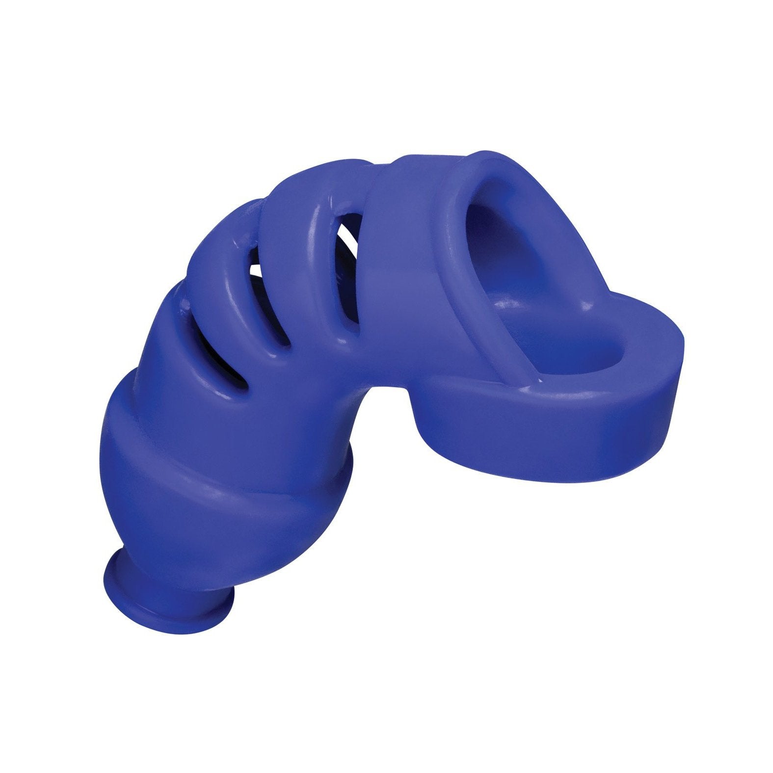The Adams Toy Box Hunky Junk Lockdown Chastity is a blue, curved toy made from a plus+silicone blend with multiple openings and a solid end, ideal for chewing and interactive play.
