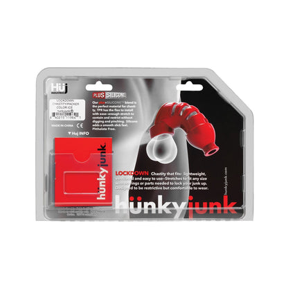 The Hunky Junk Lockdown Chastity by Adams Toy Box is presented in packaging that features a red plus+silicone blend device. The image displays product details, marketing text, and branding on a sleek black and white background, highlighting its stretchy cage design.