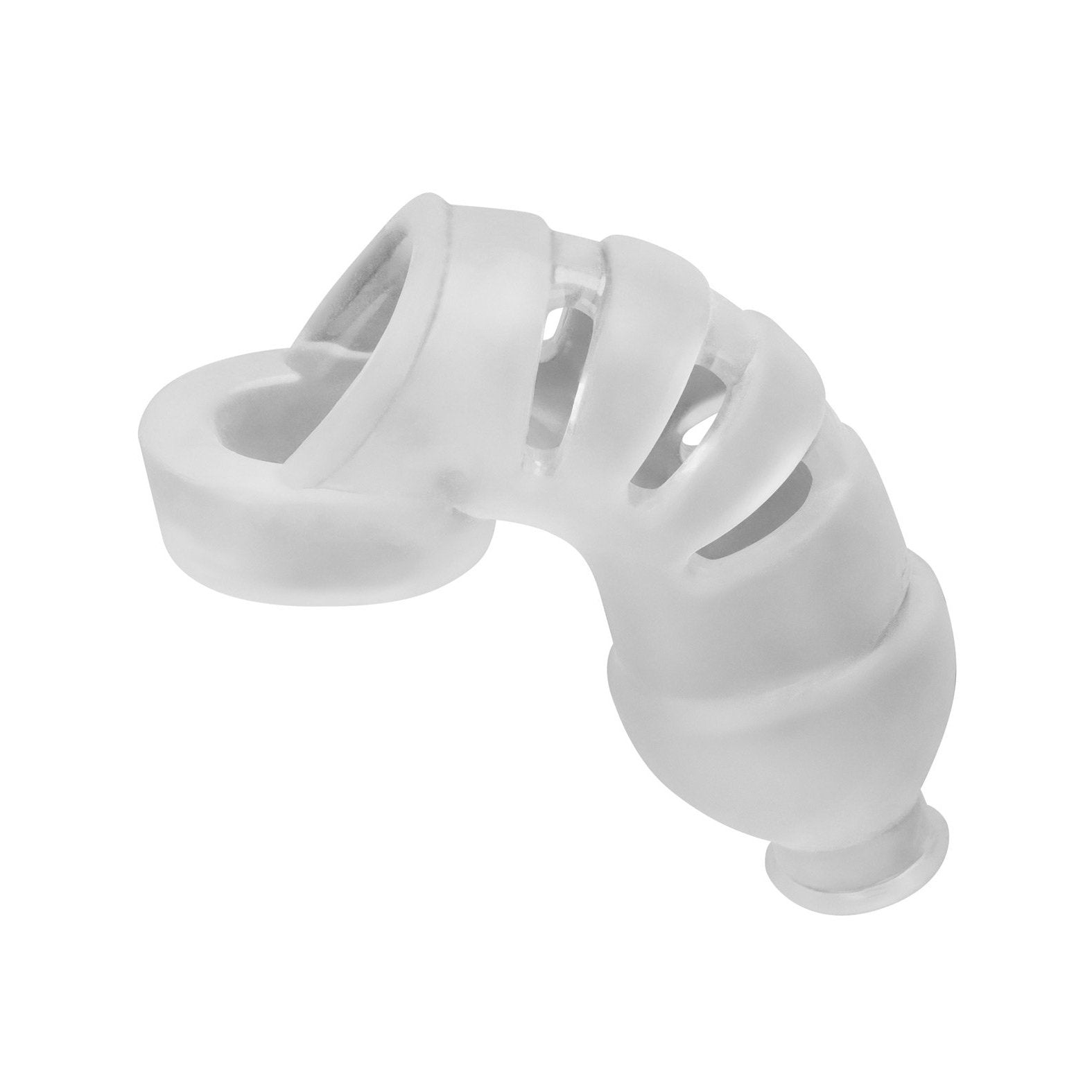 The Hunky Junk Lockdown Chastity by Adams Toy Box is a transparent, flexible piece made from a plus+silicone blend. It features multiple ridges and a bend, resembling a segmented, curved tube potentially used in mechanical or industrial settings.