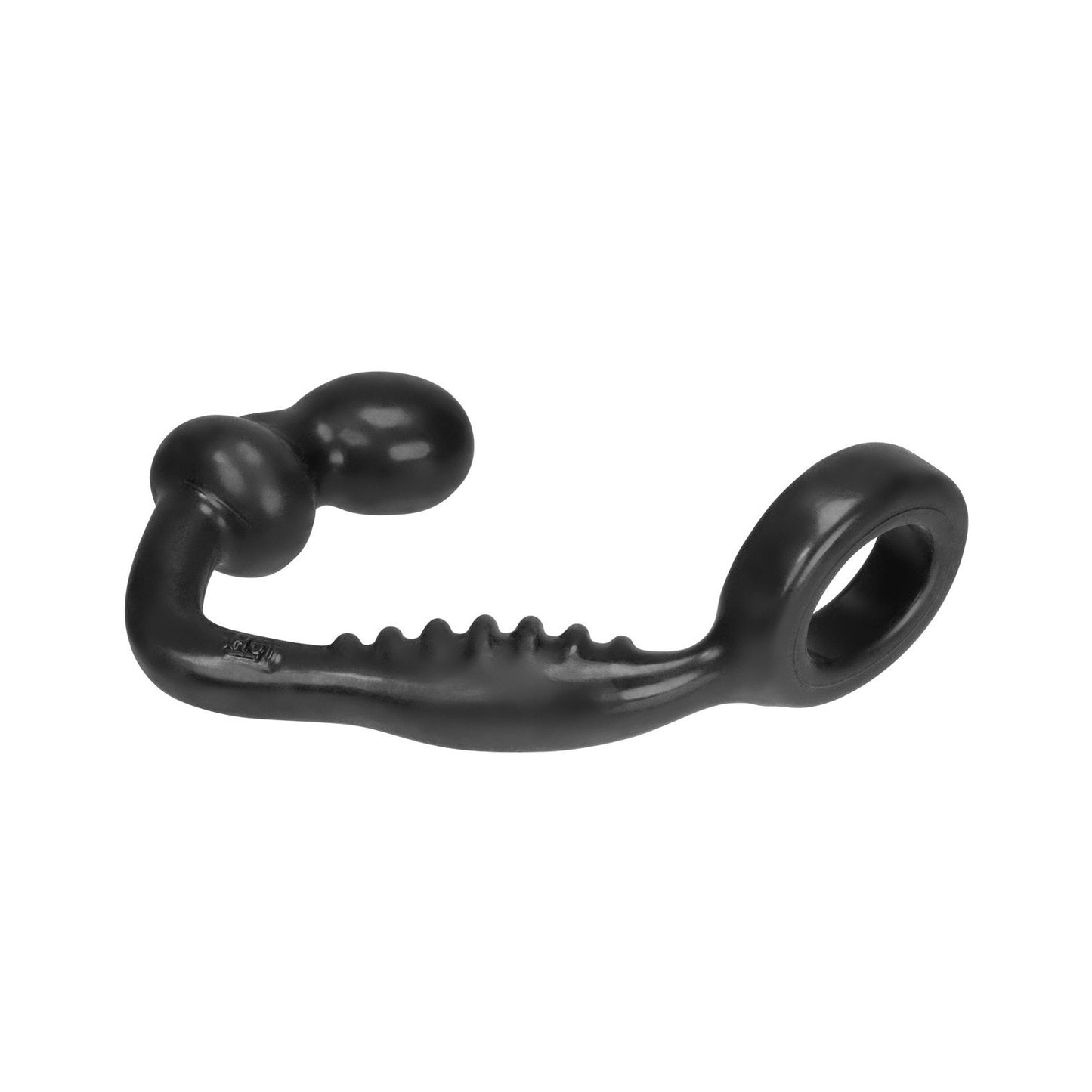 The Hunky Junk Ripple Asslock by Adams Toy Box is a black, textured silicone toy featuring a curved design with a loop handle on one end and bulbous shapes on the other.