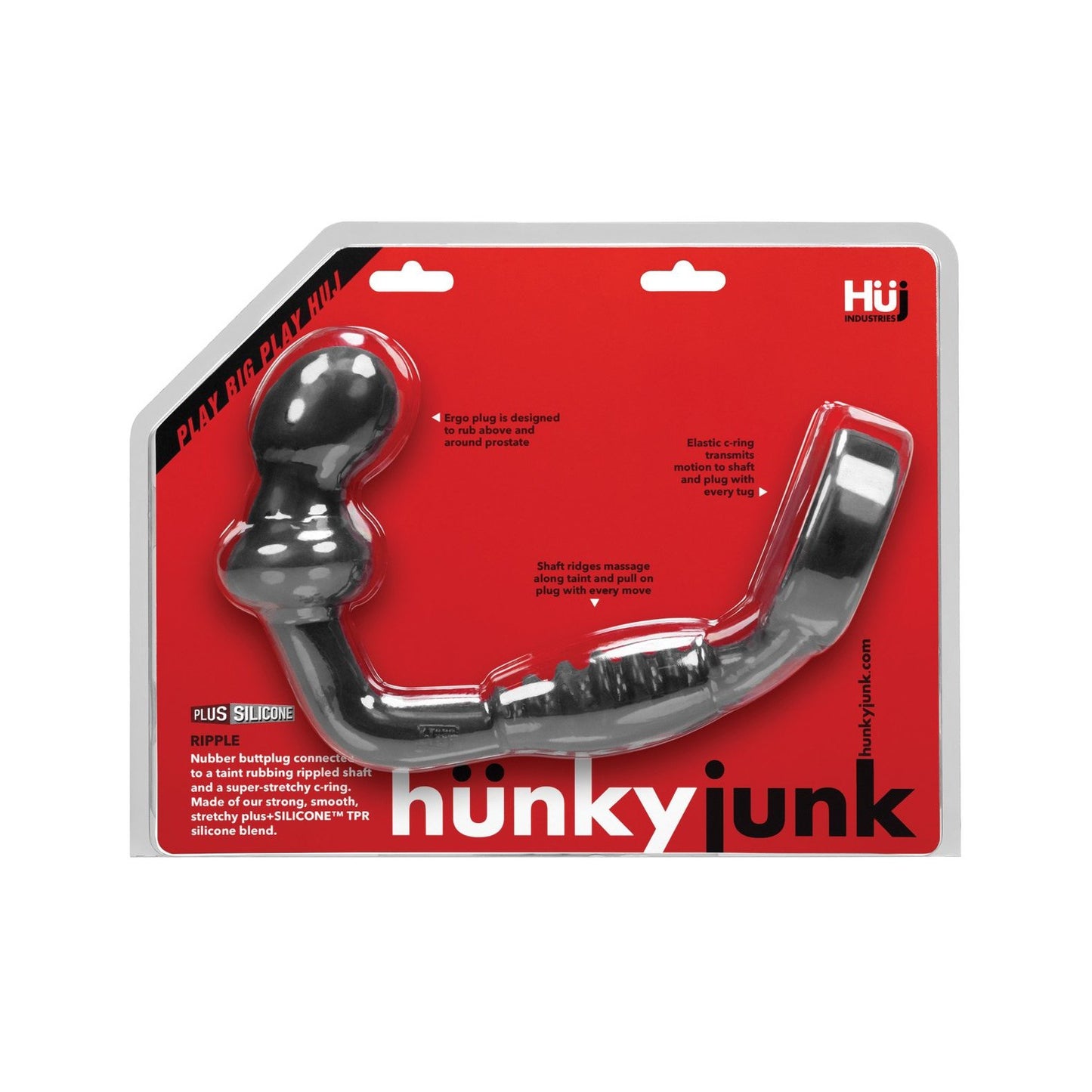 The image shows a product in a red and clear plastic package labeled Hunky Junk. Inside is a uniquely shaped black silicone toy, the Hunky Junk Ripple Asslock by Adams Toy Box, crafted from a TPR silicone blend with varied textures.