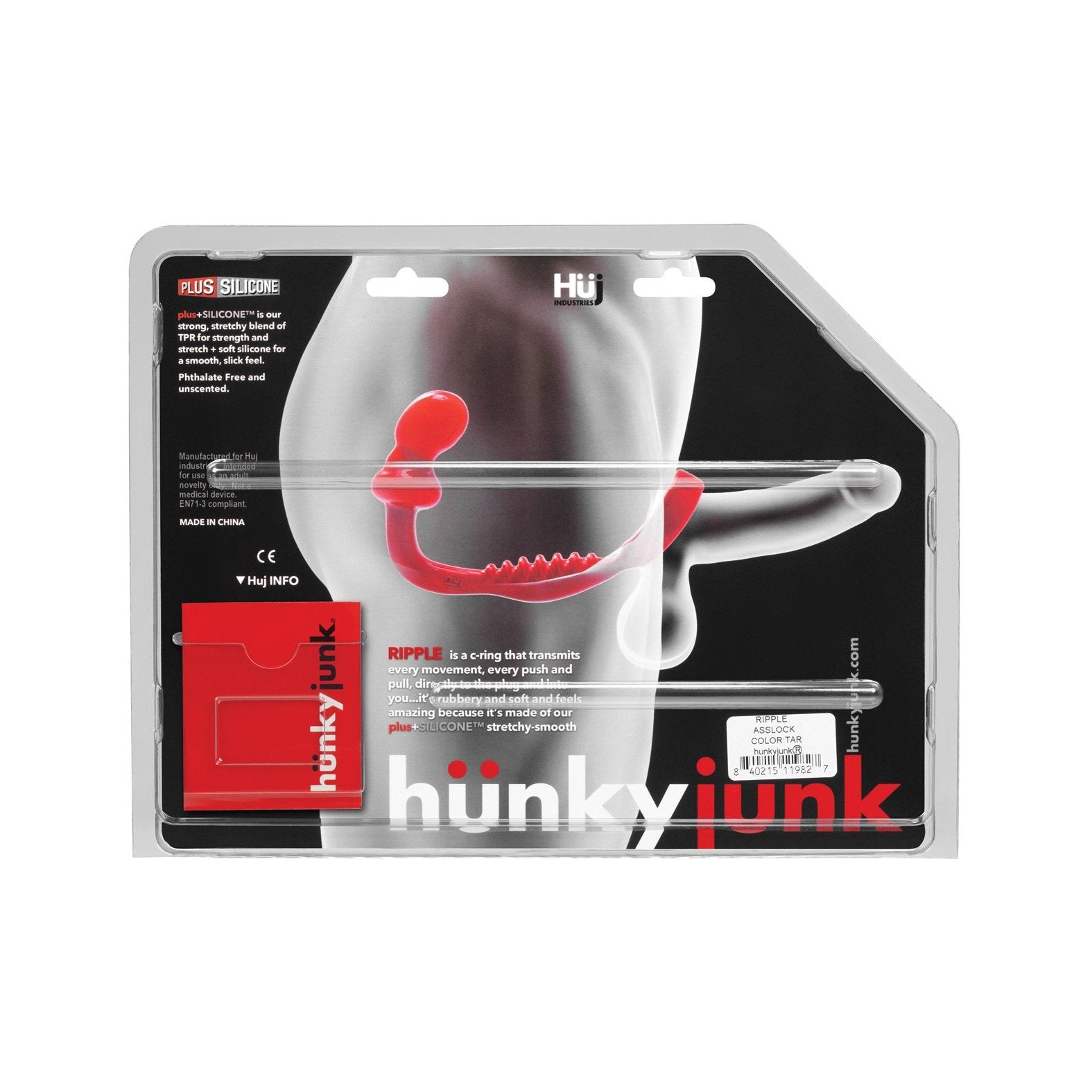 The Hunky Junk Ripple Asslock by Adams Toy Box is packaged with a clear outline of the toy for personal use, featuring its smoothness and flexibility, set against a striking black and red background.