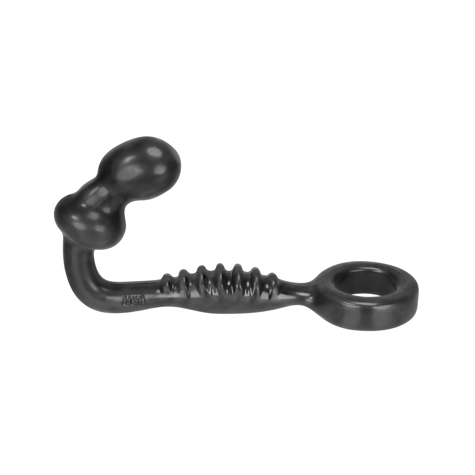 A black, curved tool from Adams Toy Box with a ribbed handle and looped end features a bulbous tip, suggesting a massage or relaxation purpose. Its structure mirrors the Hunky Junk Ripple Asslock, adding intrigue to its functionality.
