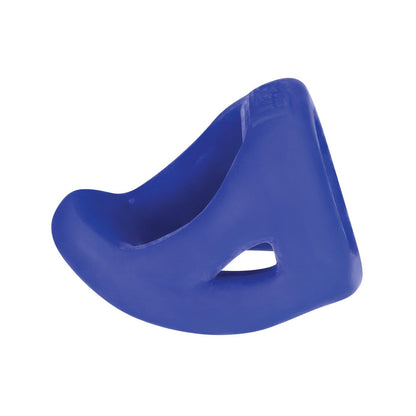 Introducing the Hunky Junk Slingshot 3 Ring Teardrop: a blue, wedge-shaped doorstop made from plus+silicone by Hunky Junk. It features a teardrop base with a curved, hook-like structure and an open space in the center for securely holding doors open.