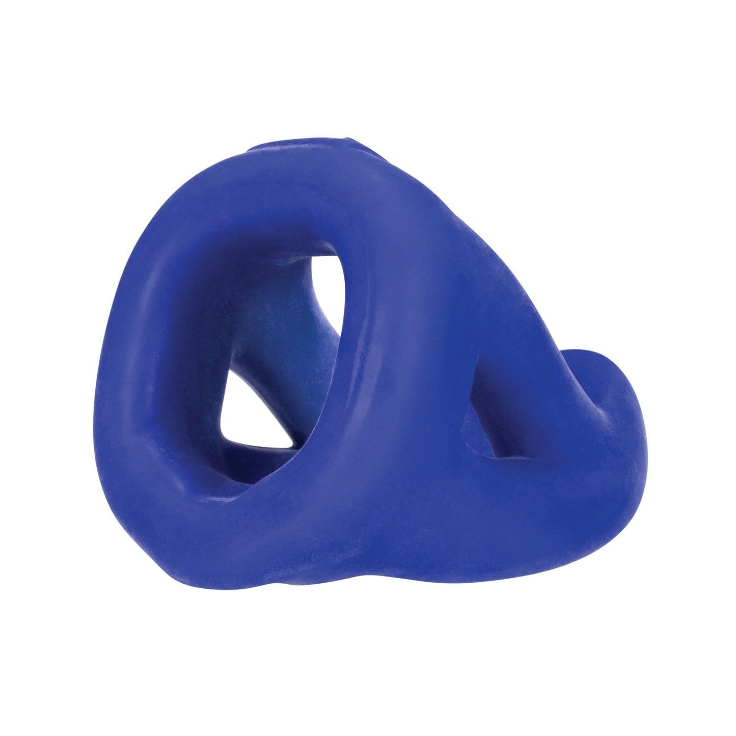 A blue, twisted Hunky Junk Slingshot 3 Ring Teardrop pet toy with a looped, contoured design features silicone-like openings and bends.