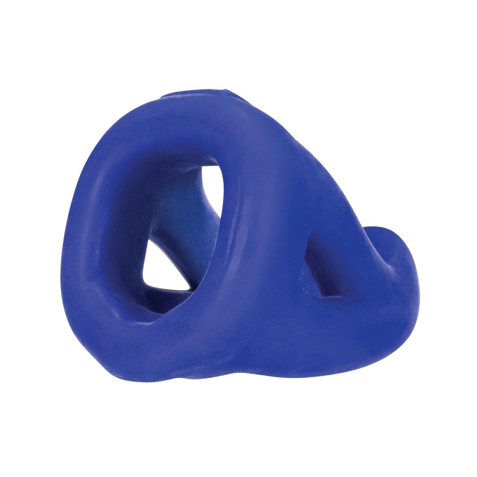 A blue, twisted Hunky Junk Slingshot 3 Ring Teardrop pet toy with a looped, contoured design features silicone-like openings and bends.